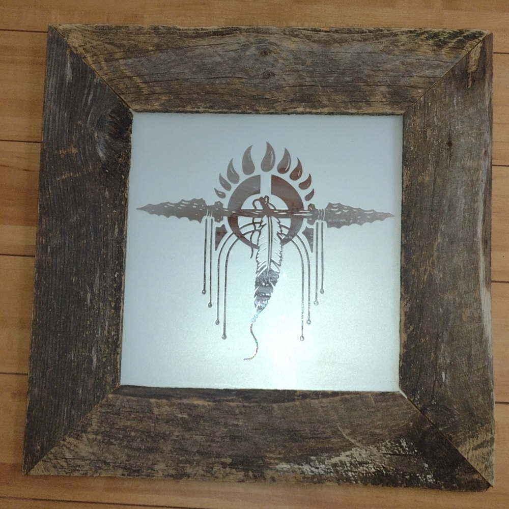 Rustic art featuring distressed wood,  mirror, and frosted glass.
